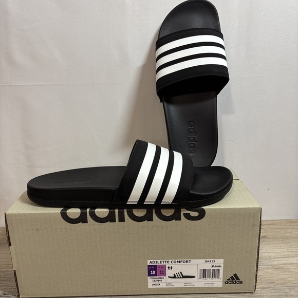 Adidas Adilette Unisex Comfort Shower Slides Men US 10 Women US 11 Black / White - Picture 1 of 9